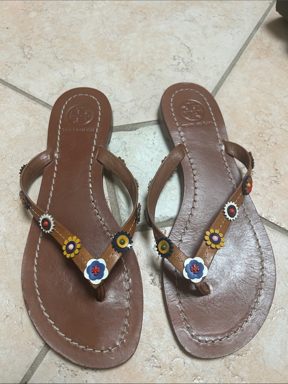 Tory Burch Brown Leather Floral-Accent Thong Sandals